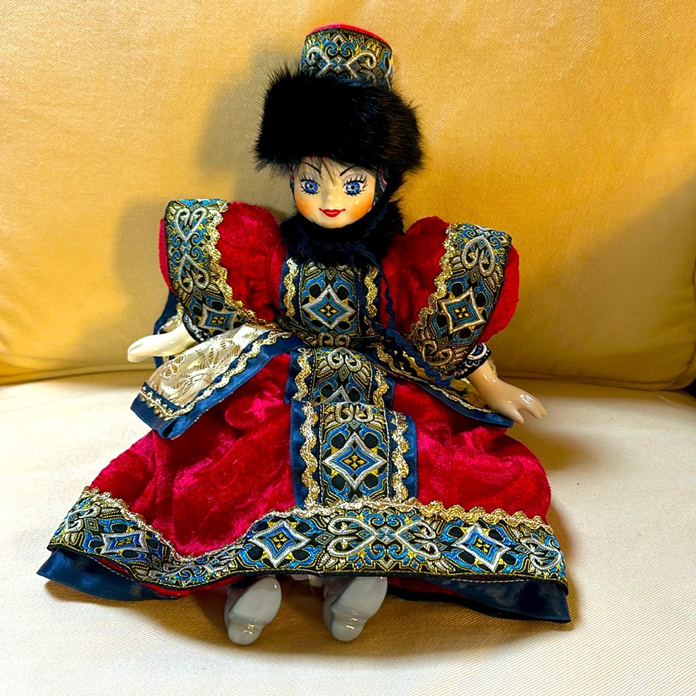 Vintage Russian Costumed Hand
Painted Porcelain Doll with Real Mink Hat